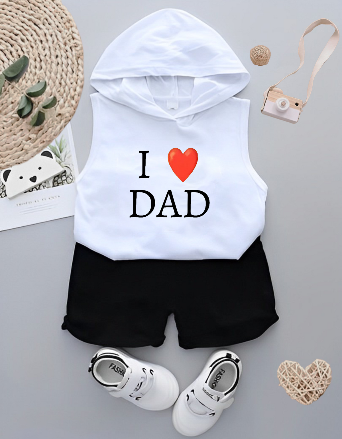 I Love Dad Sleeveless Hoodie with Black Shorts For Kids