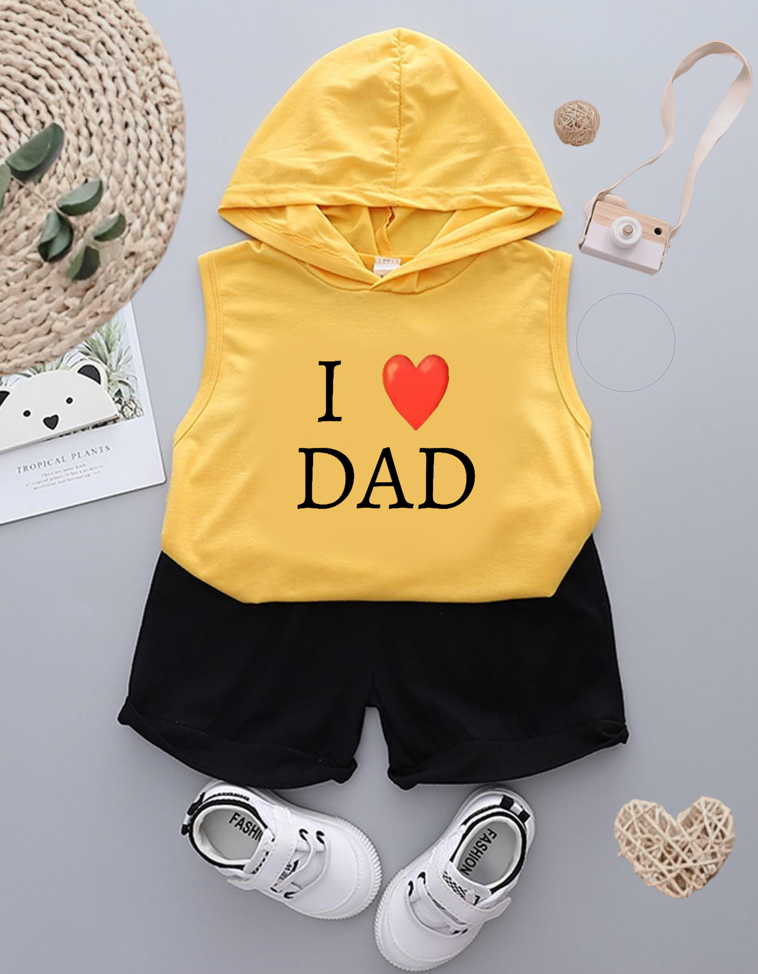 I Love Dad Sleeveless Hoodie with Black Shorts For Kids