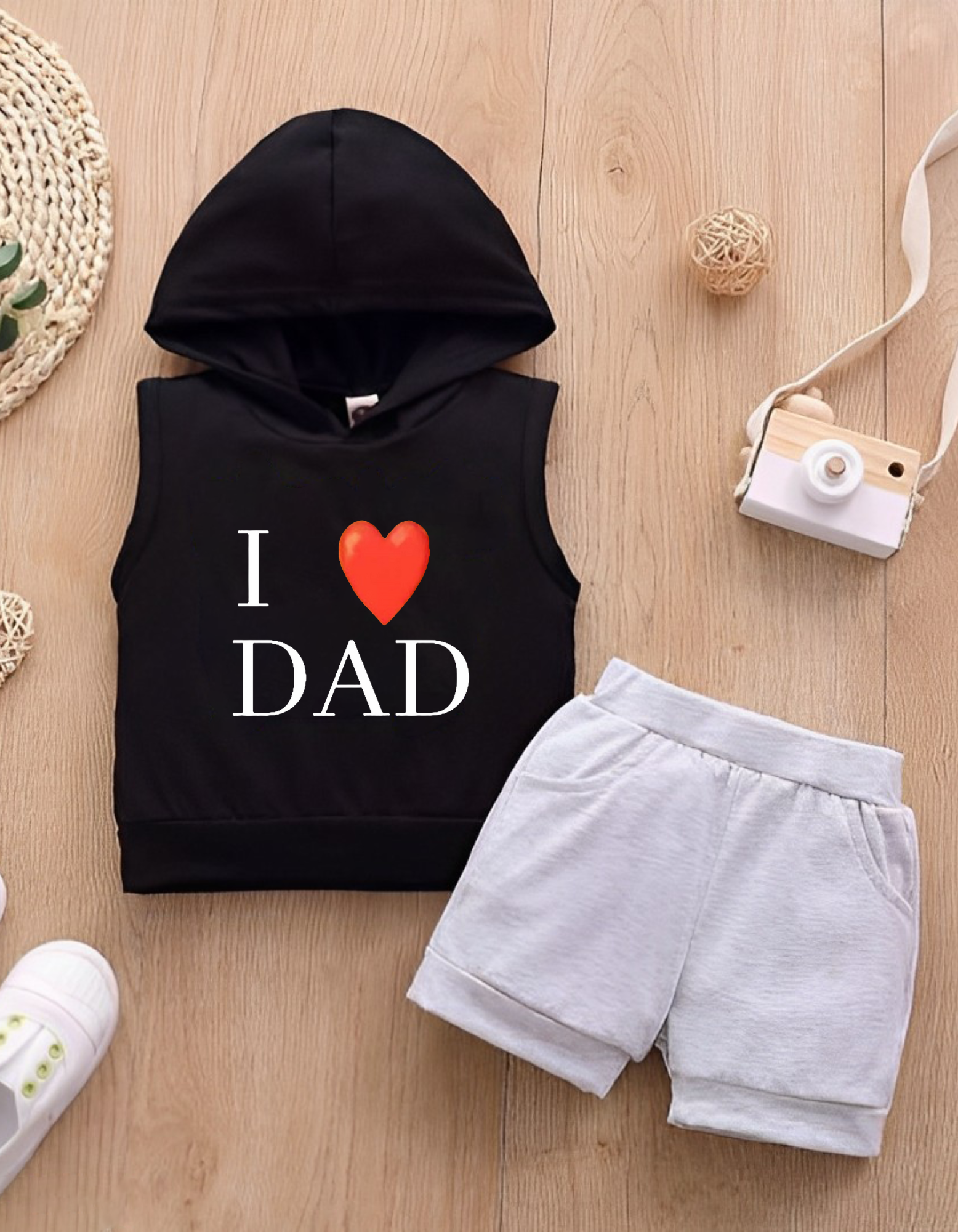 I Love Dad Sleeveless Hoodie with Black Shorts For Kids