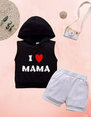 I Love Mama Sleeveless Hoodie with Black Shorts For Kids