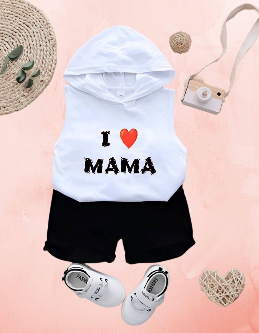 I Love Mama Sleeveless Hoodie with Black Shorts For Kids