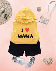 I Love Mama Sleeveless Hoodie with Black Shorts For Kids