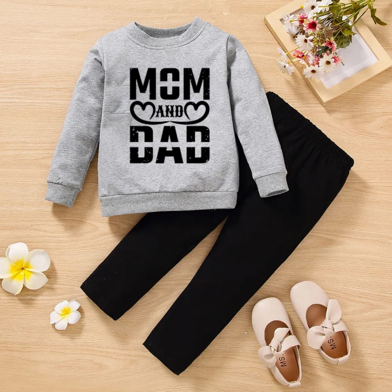 New Mom Dad Full Sleeve Tshirt with Black Track Pant For Kids