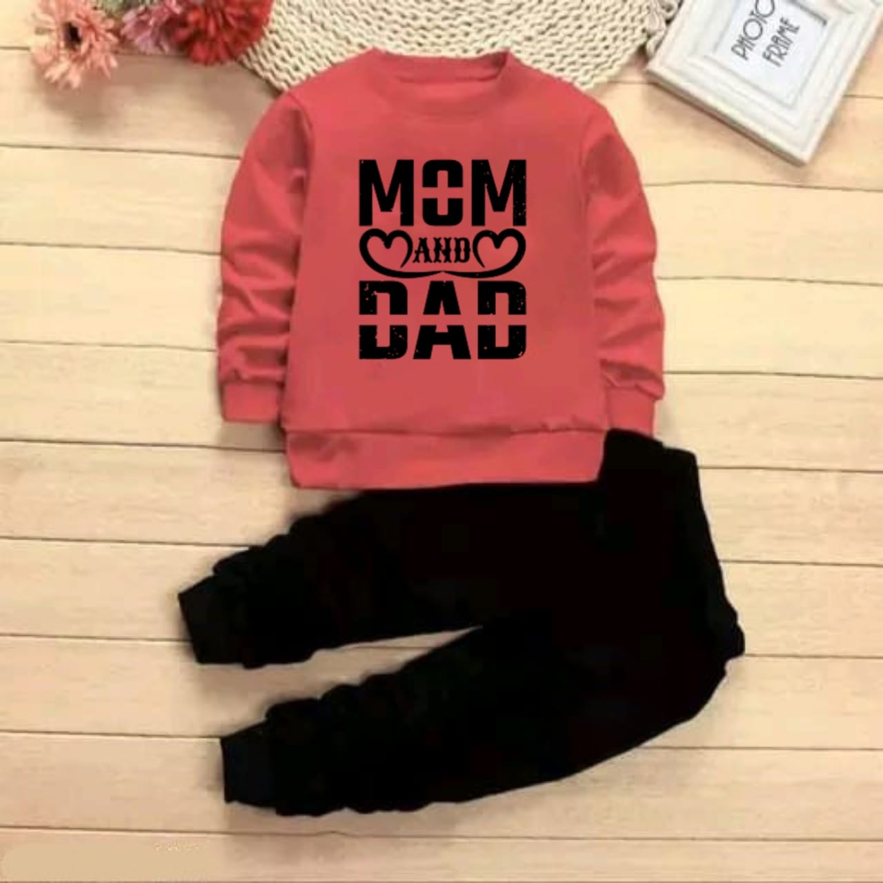 New Mom Dad Full Sleeve Tshirt with Black Track Pant For Kids