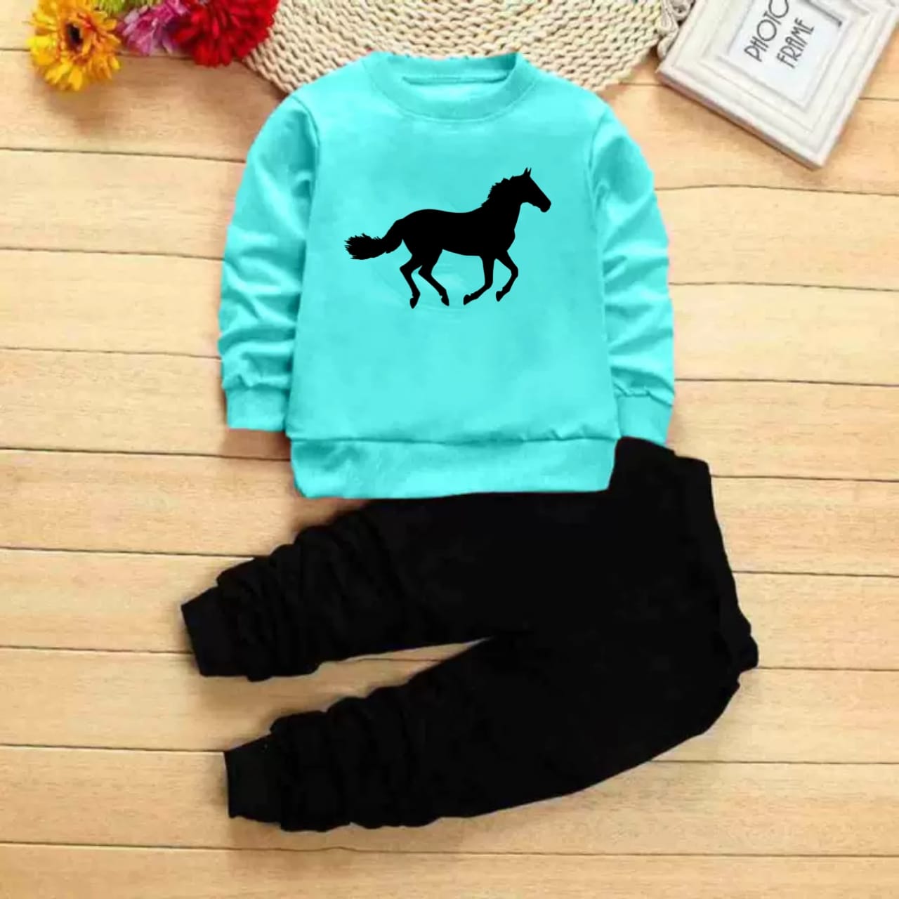 Horse Full Sleeve Tshirt with Black Track Pant For Kids