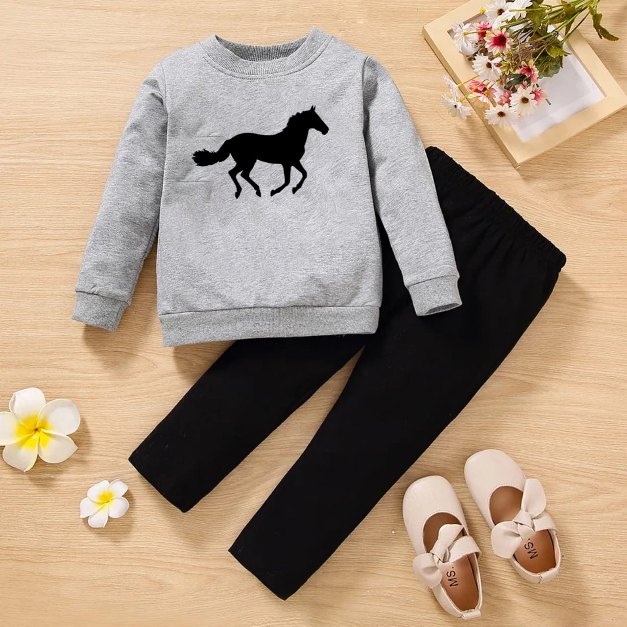 Horse Full Sleeve Tshirt with Black Track Pant For Kids