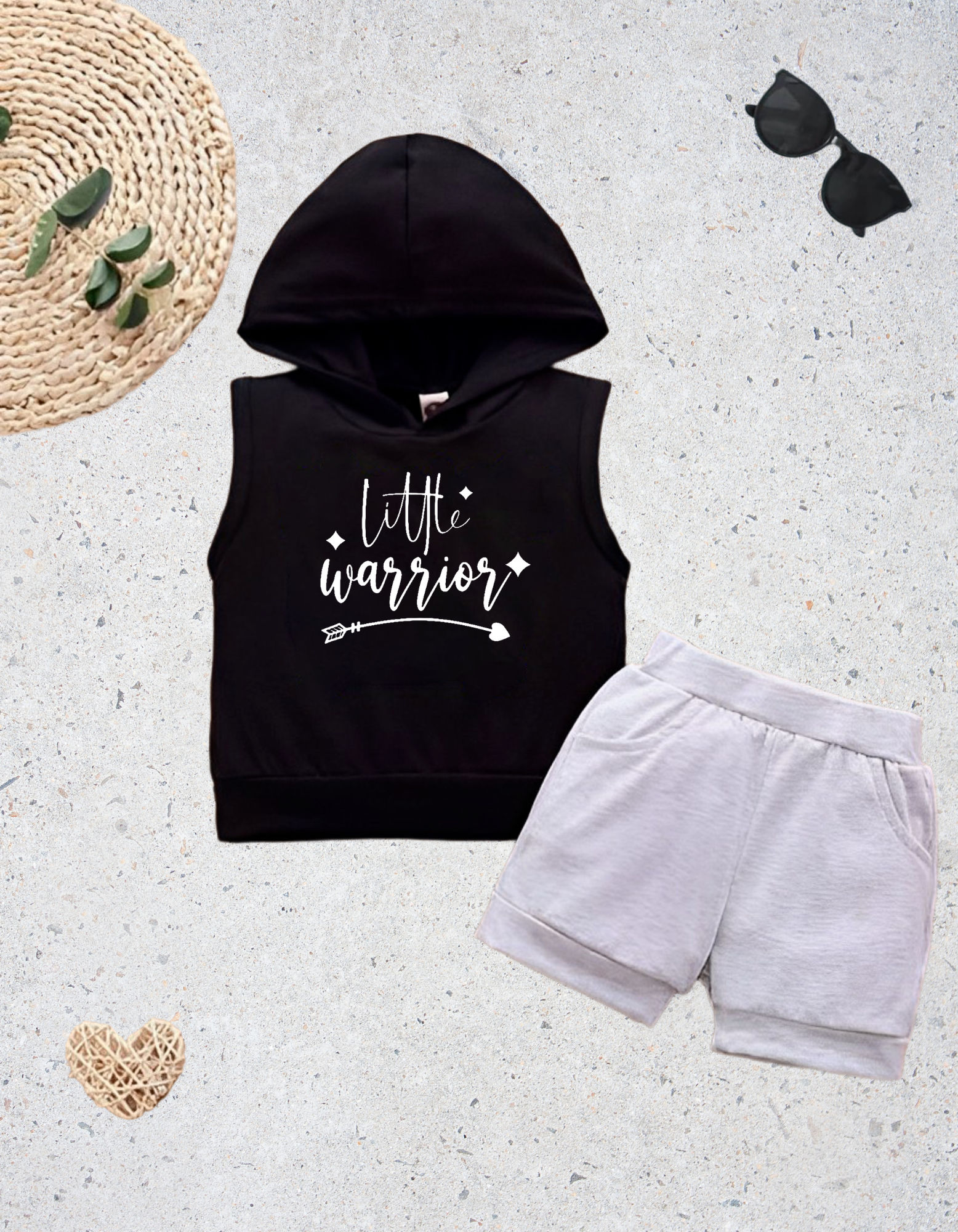 Little Warrior Sleeveless Hoodie with Black Shorts For Kids